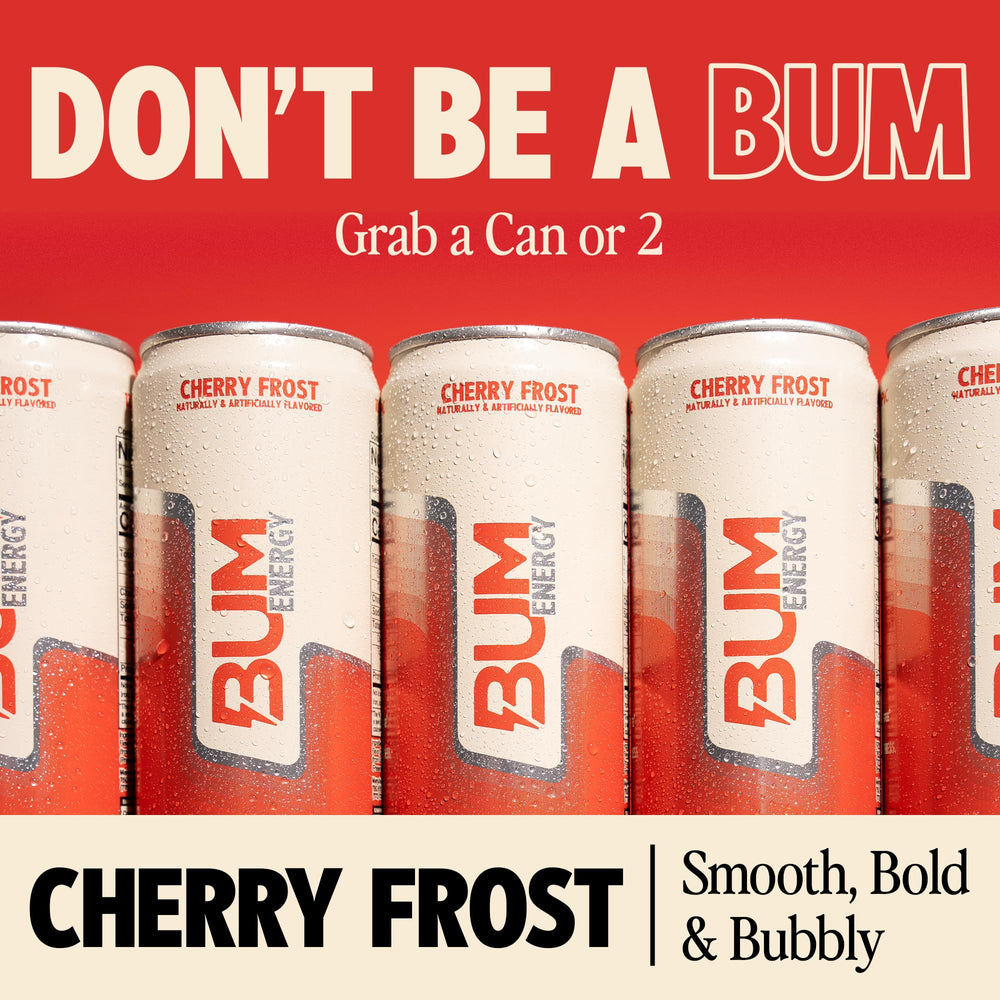 Bum Energy Cherry Frost lightly carbonated bubbles capture a refreshing workout break.
