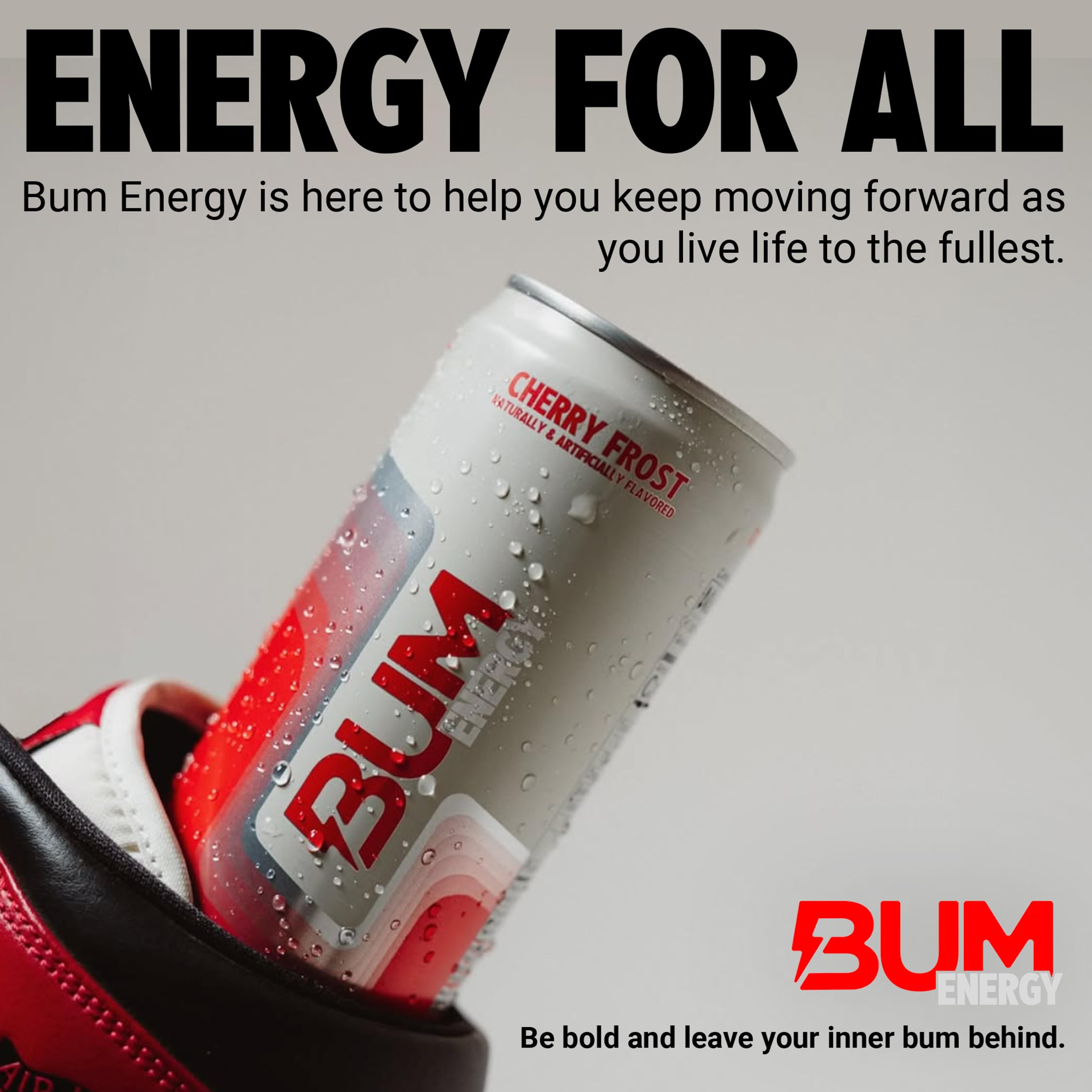 Bum Energy Cherry Frost refrigerated display suggests grab-and-go energy option.
