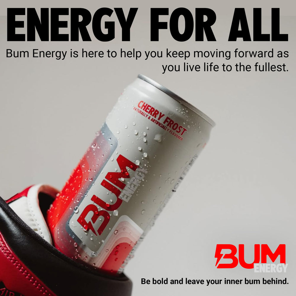 Bum Energy Cherry Frost refrigerated display suggests grab-and-go energy option.