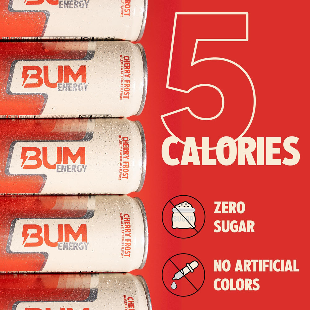 Bum Energy Cherry Frost serving glass emphasizes refreshing coolness and hydration cue.