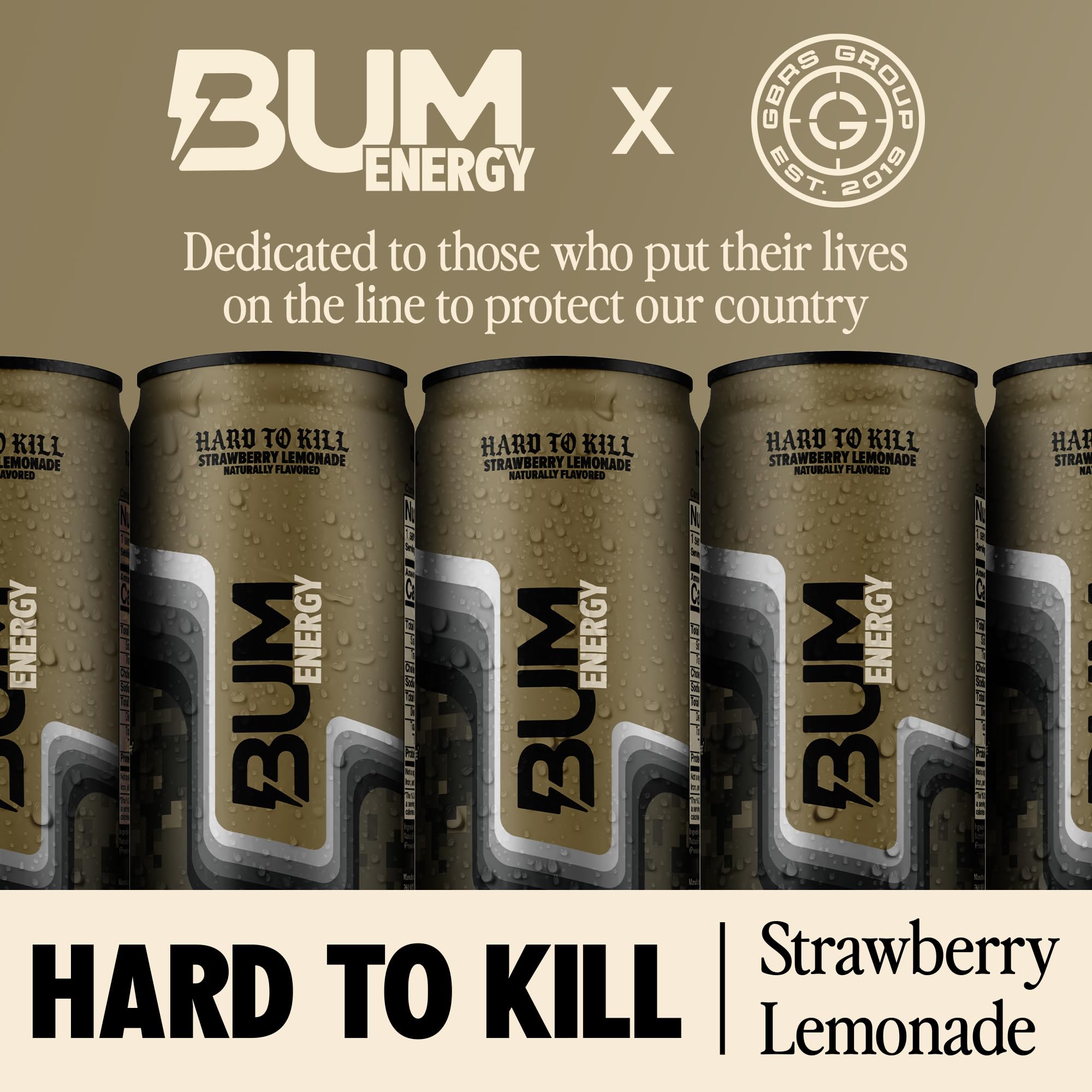 Bum Energy close-up can highlights bright strawberry lemonade flavor and carbonation.