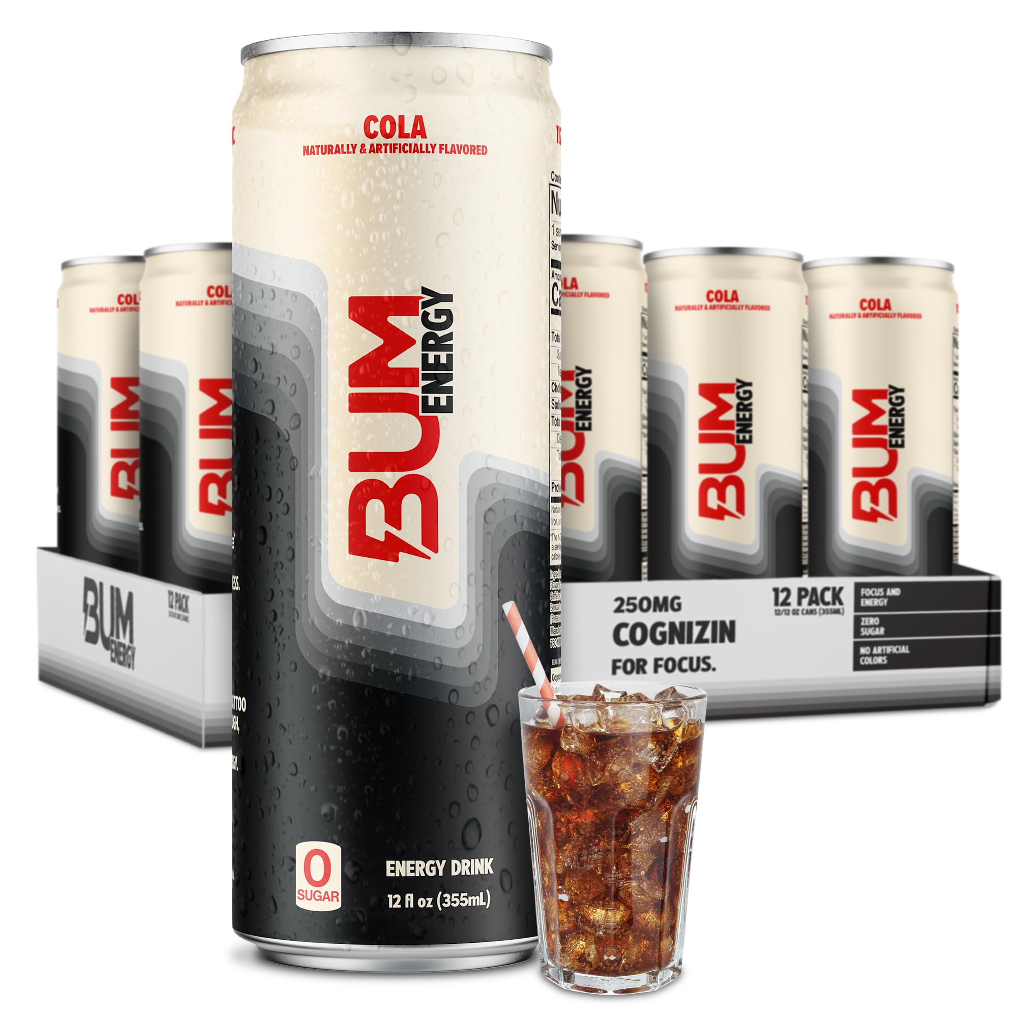 Bum Energy Cola can front view shows sugar-free formula for clean energy