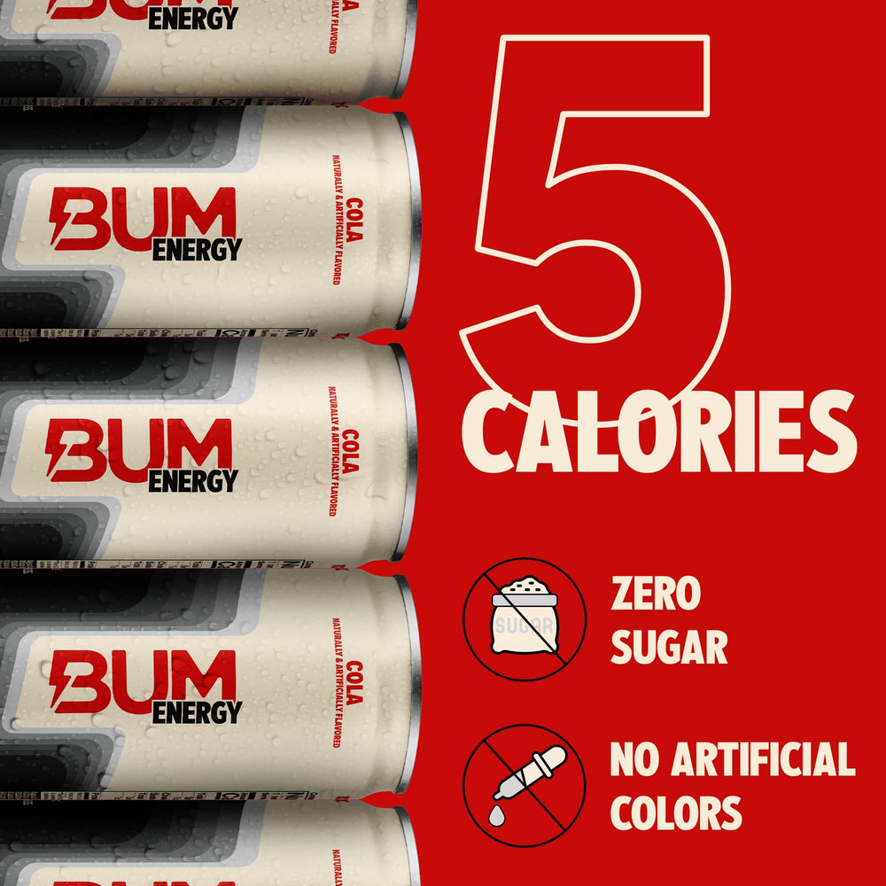 Bum Energy Cola label close-up notes no artificial colors
