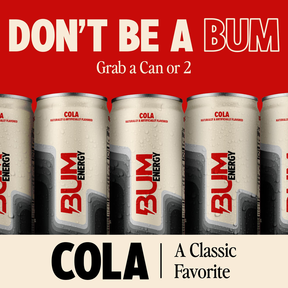Bum Energy Cola 12-pack image highlights convenient daily use