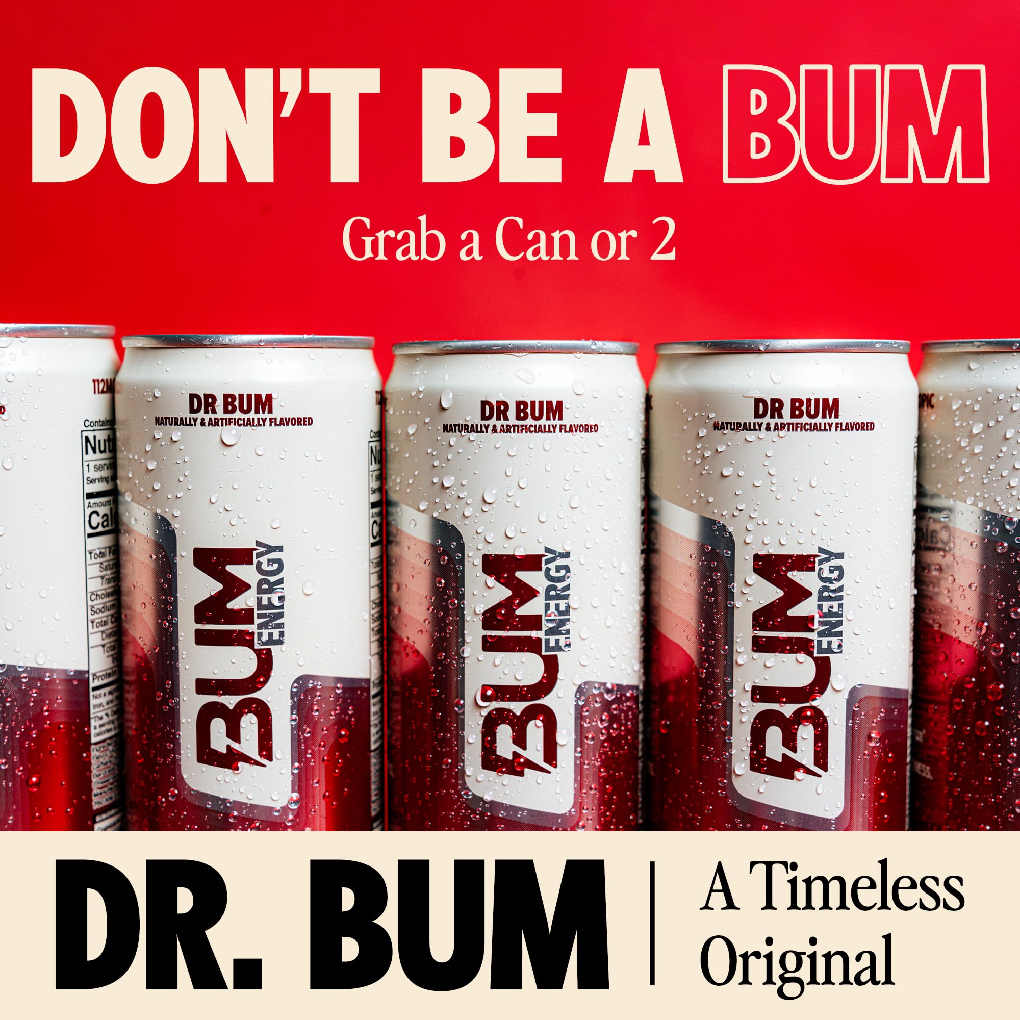A 12-pack display of Bum Energy drinks for study sessions and workouts.