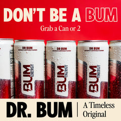 A 12-pack display of Bum Energy drinks for study sessions and workouts.