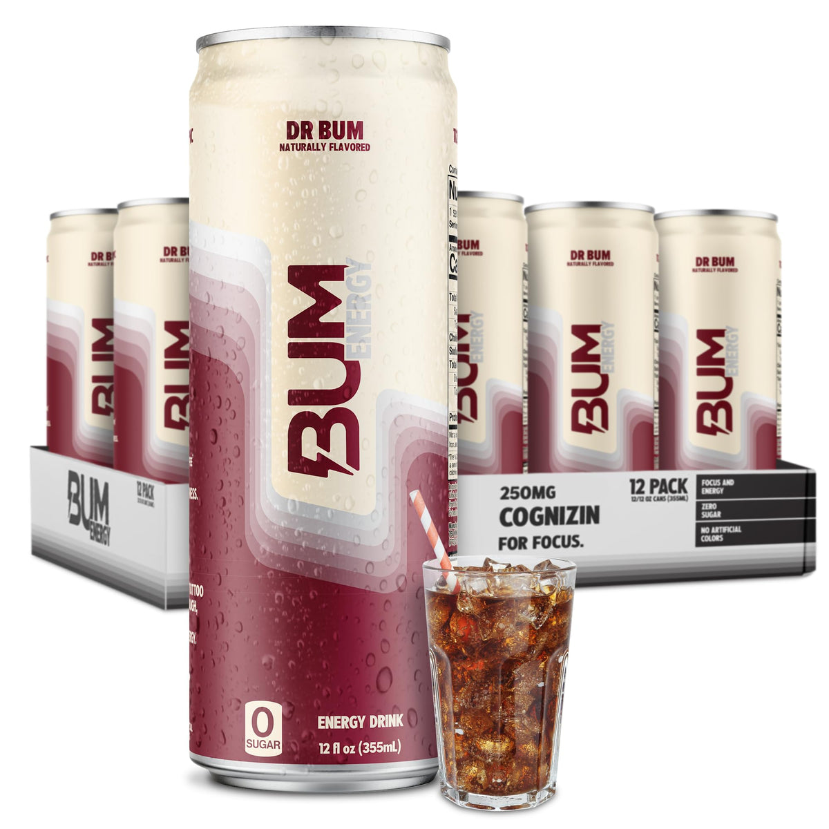 Bum Energy can, side view, delivering clean, sustained energy.