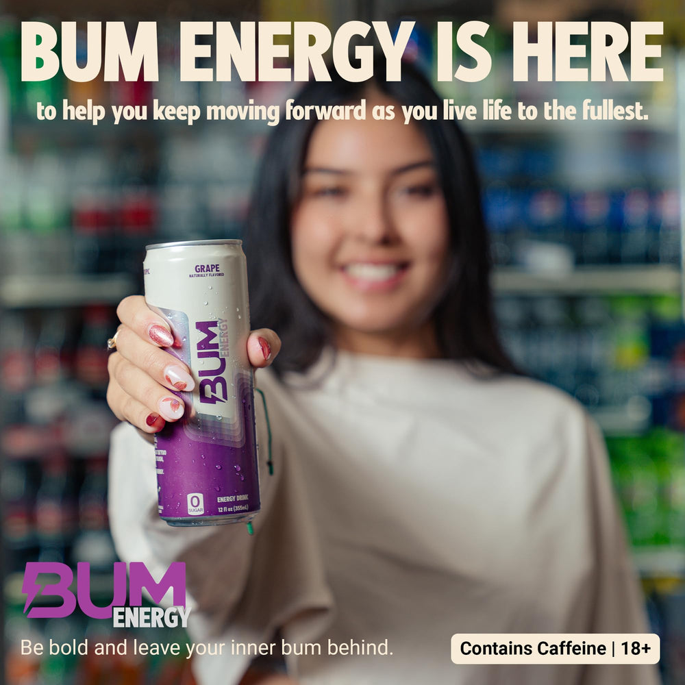 Bum Energy Grape glass with foam, showcasing a crisp flavor moment.