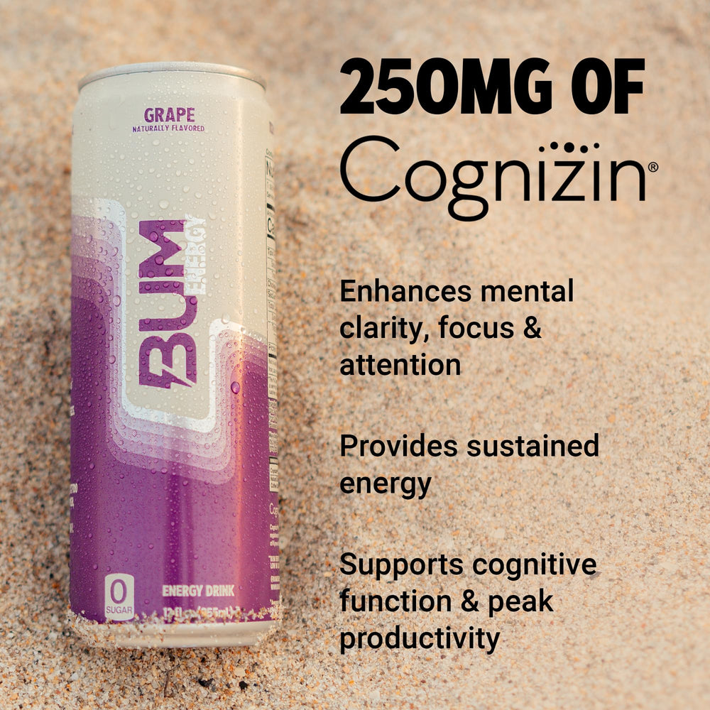 Bum Energy Grape ice-cold can ready for study or training sessions.