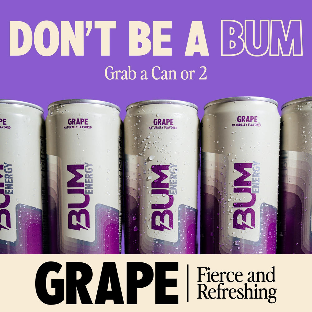 Bum Energy Grape can label close-up featuring Cognizin for focus support.