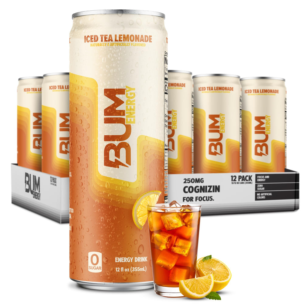 Bum Energy Iced Tea Lemonade can front view showing clean, sugar-free energy.