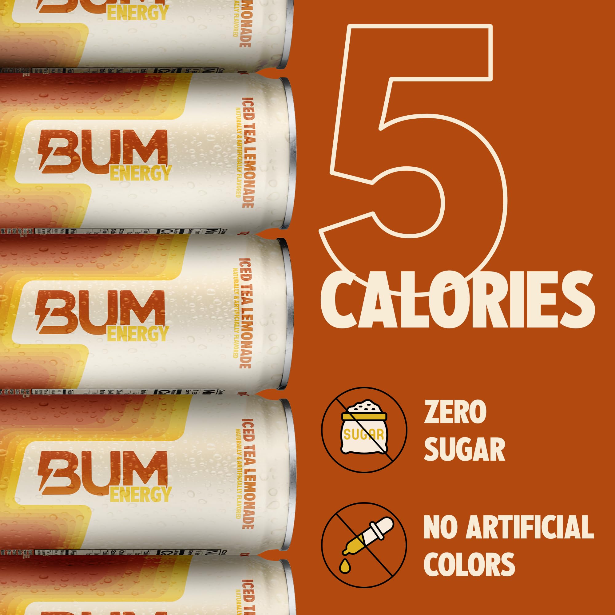 Bum Energy ingredient panel emphasizes zero sugar and natural caffeine.