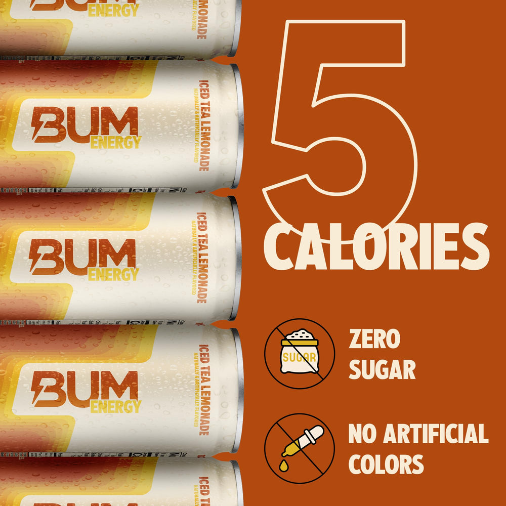 Bum Energy ingredient panel emphasizes zero sugar and natural caffeine.