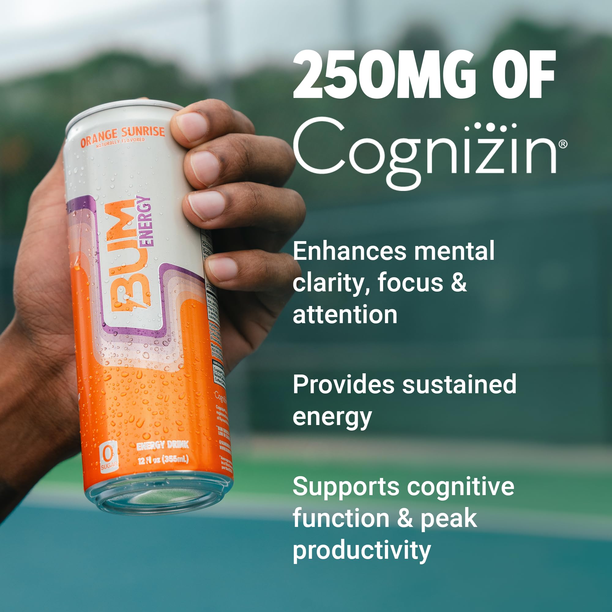BUM Energy Orange Sunrise closeup ingredients highlight natural caffeine and citicoline.
