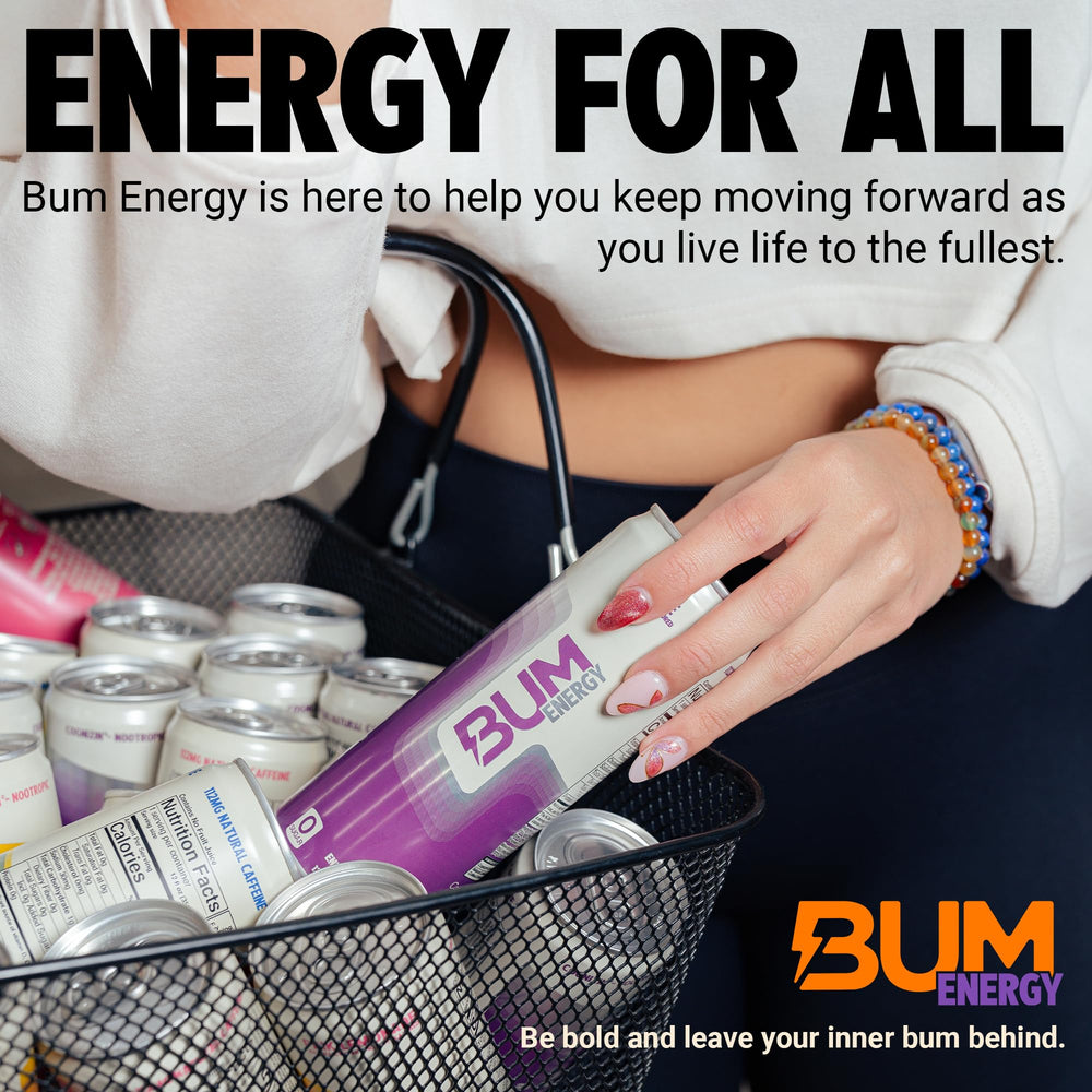BUM Energy Orange Sunrise glass with ice evokes refreshing, low-calorie energy.