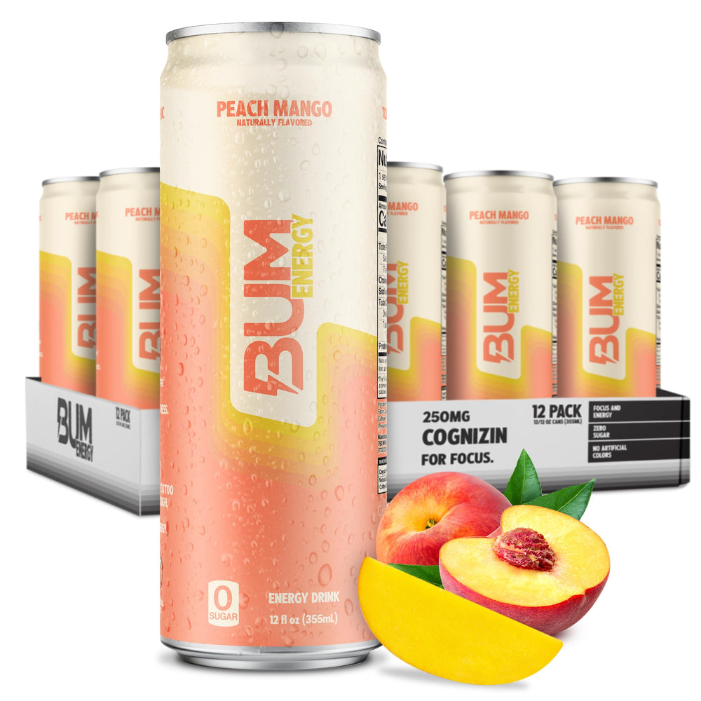 BUM Energy Peach Mango 12oz can front view for a quick, clean energy boost.