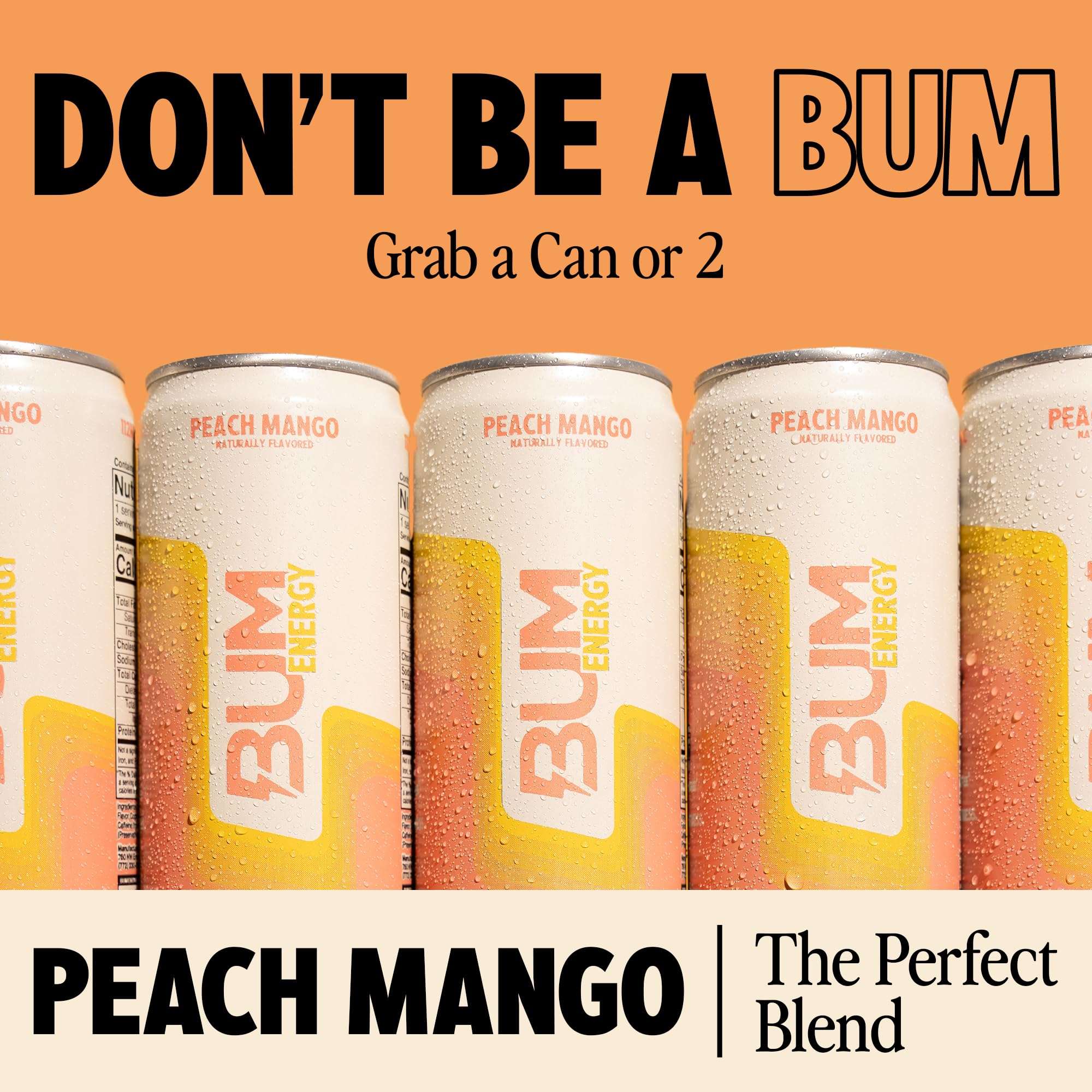 BUM Energy Peach Mango can pouring into a glass showing refreshing flavor.