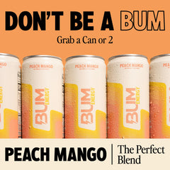 BUM Energy Peach Mango can pouring into a glass showing refreshing flavor.