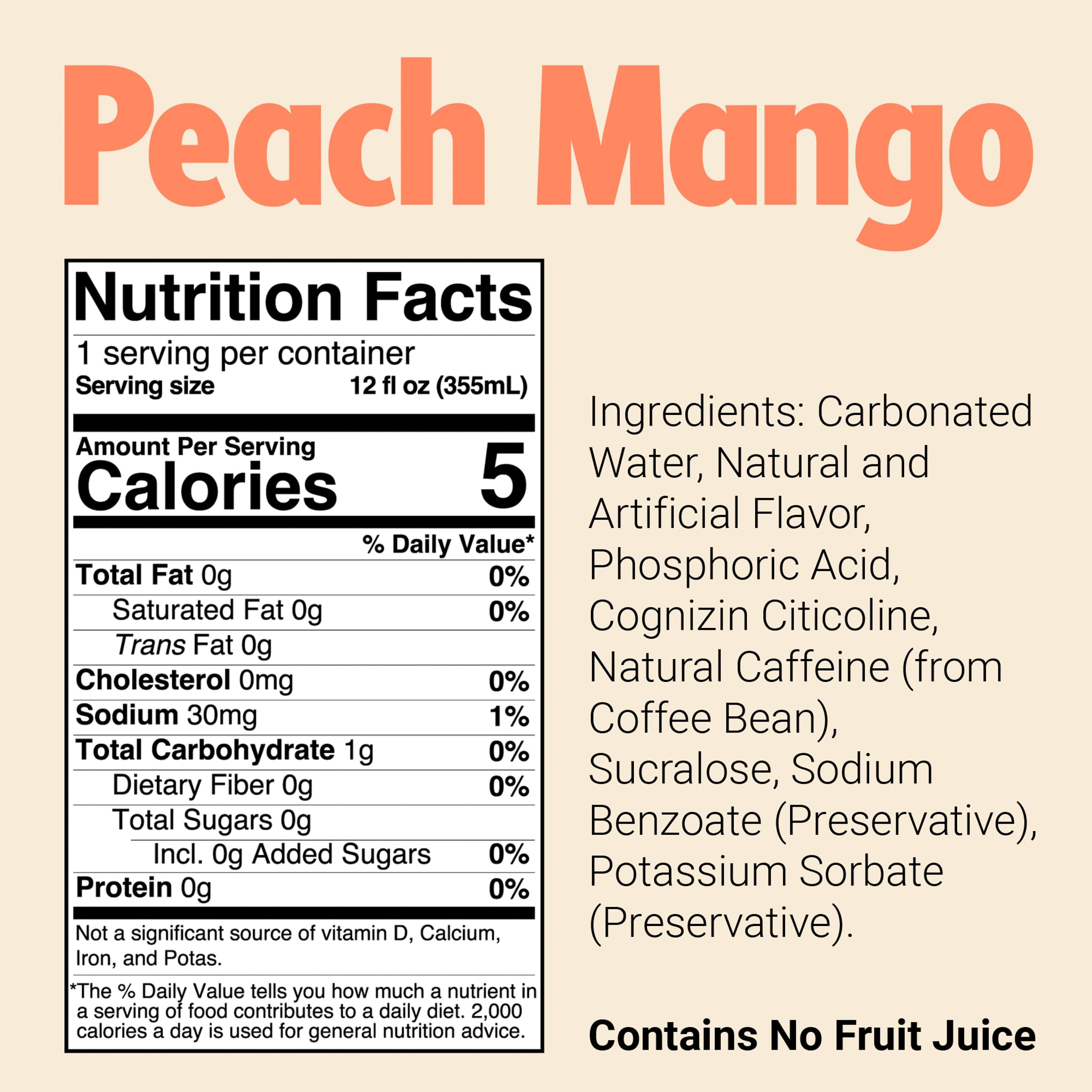 BUM Energy Peach Mango label closeup highlighting natural caffeine and citicoline.