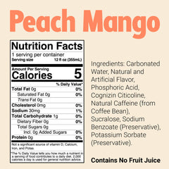 BUM Energy Peach Mango label closeup highlighting natural caffeine and citicoline.