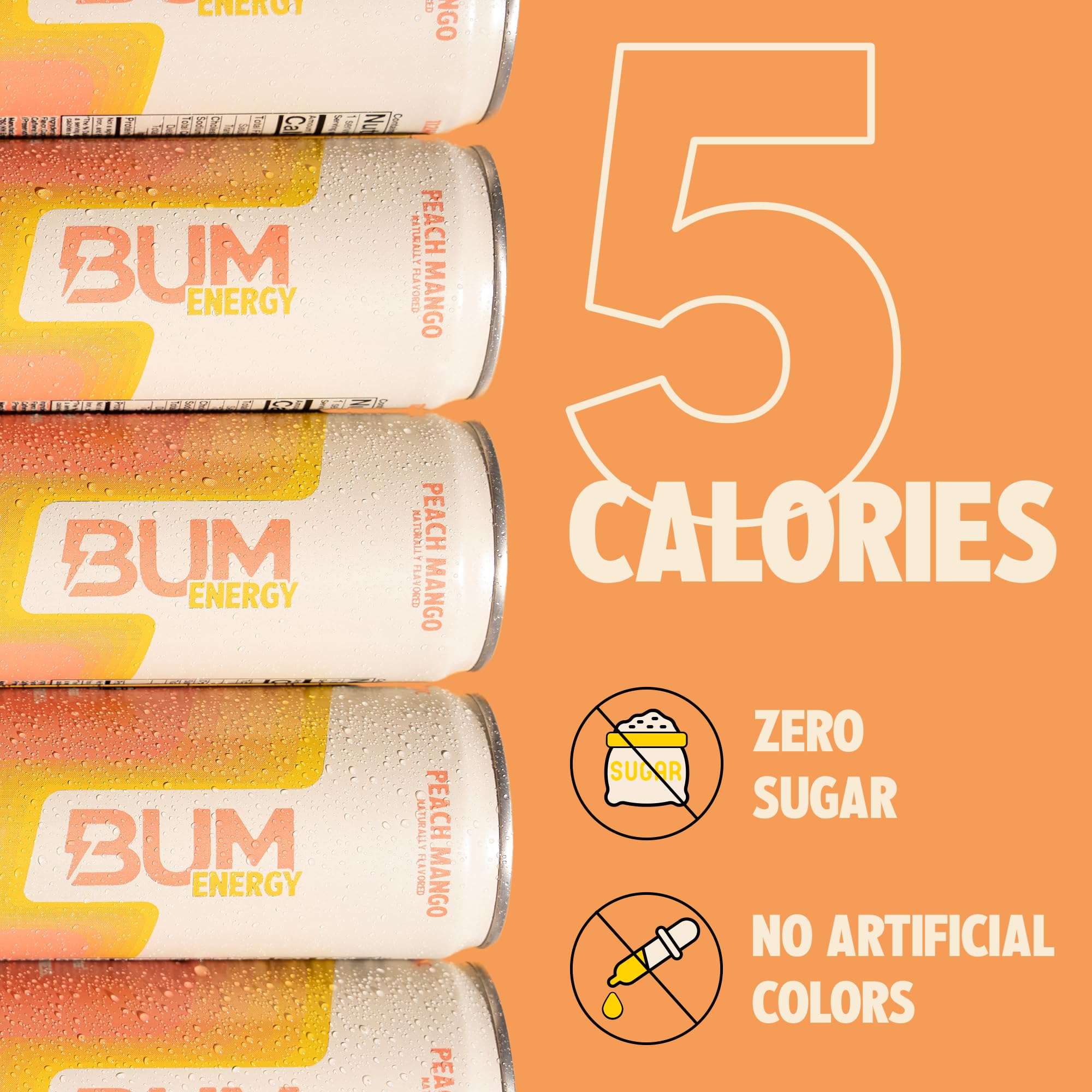 BUM Energy Peach Mango nutrition facts with no artificial colors noted.