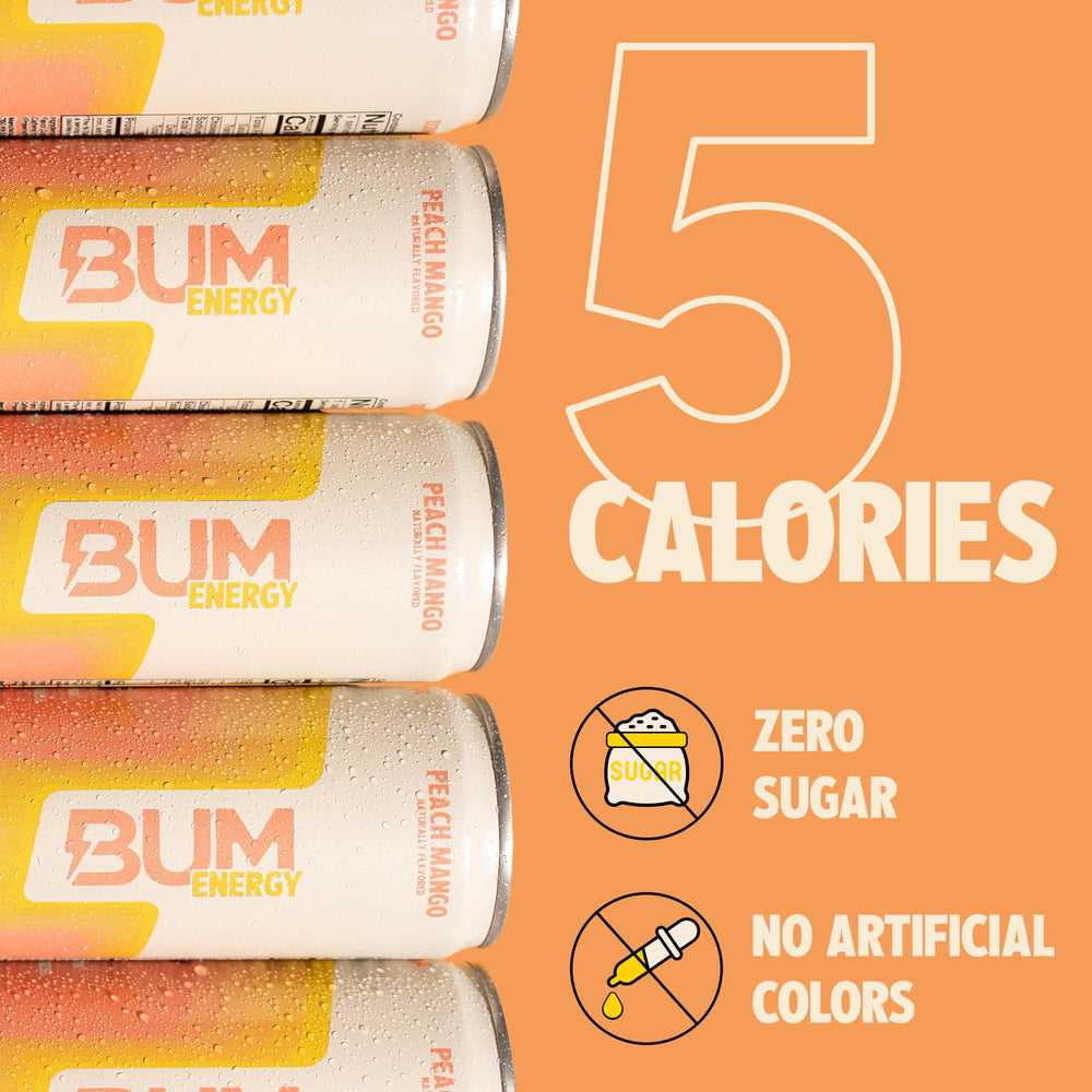 BUM Energy Peach Mango nutrition facts with no artificial colors noted.