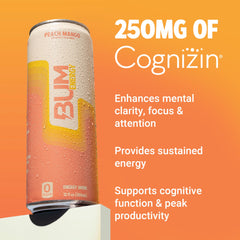 BUM Energy Peach Mango pack of 12 cans displayed for value and convenience.