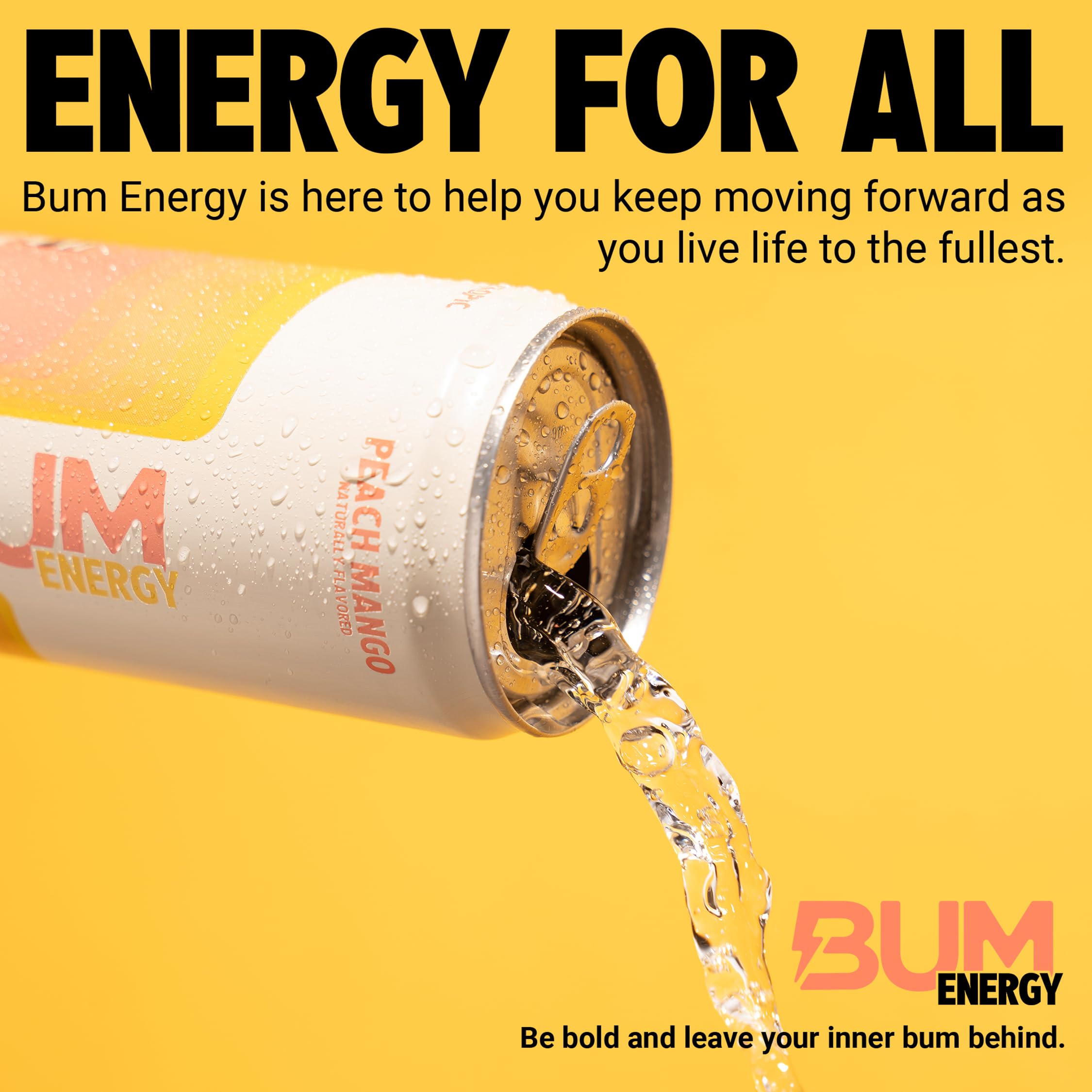 BUM Energy Peach Mango shelf display ready for grab-and-go energy.