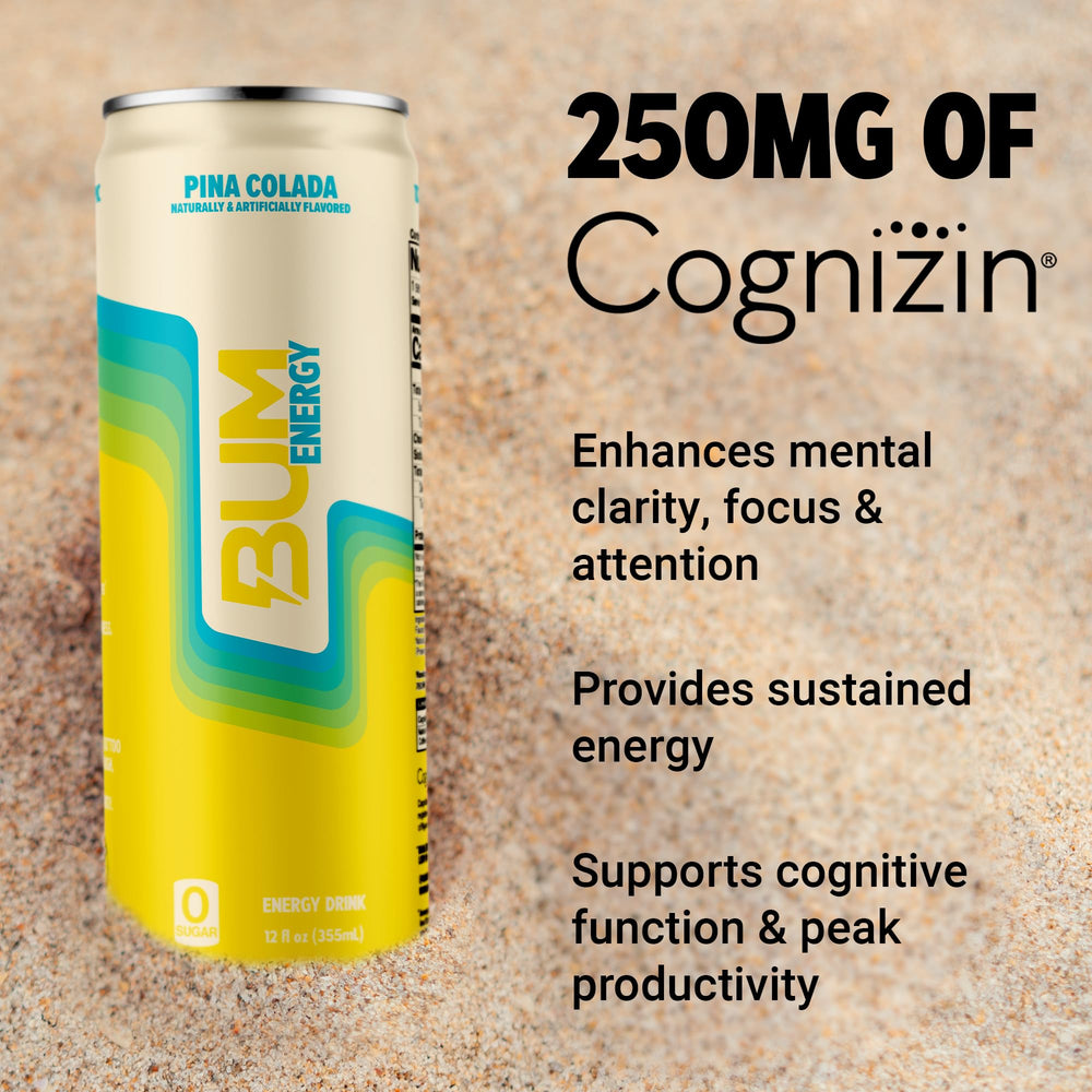 Bum Energy Pina Colada can poured into glass