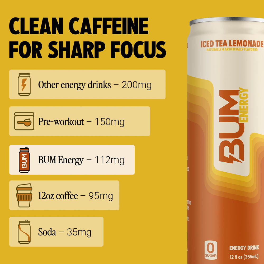 Bum Energy being poured into a glass signaling crisp flavor and quick energy.