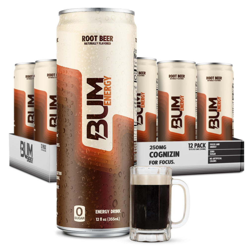 Bum Energy Root Beer can front view, sugar-free energy for focus