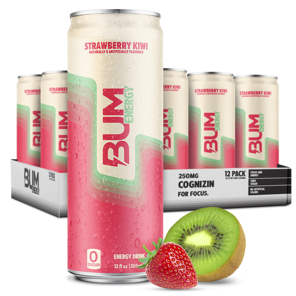 Bum Energy Strawberry Kiwi can for a crisp zero-sugar energy boost during workouts.