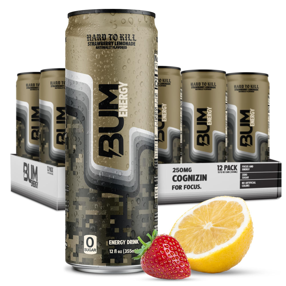 Bum Energy strawberry lemonade can for a refreshing energy boost and clear focus.