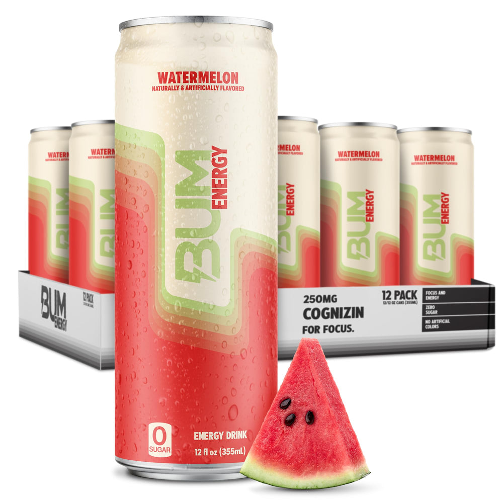 Bum Energy Watermelon can, cool and energizing for study sessions.