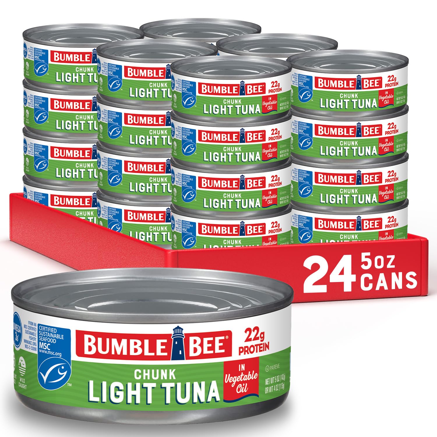 Bumble Bee chunk light tuna in oil can close-up showing chunky texture