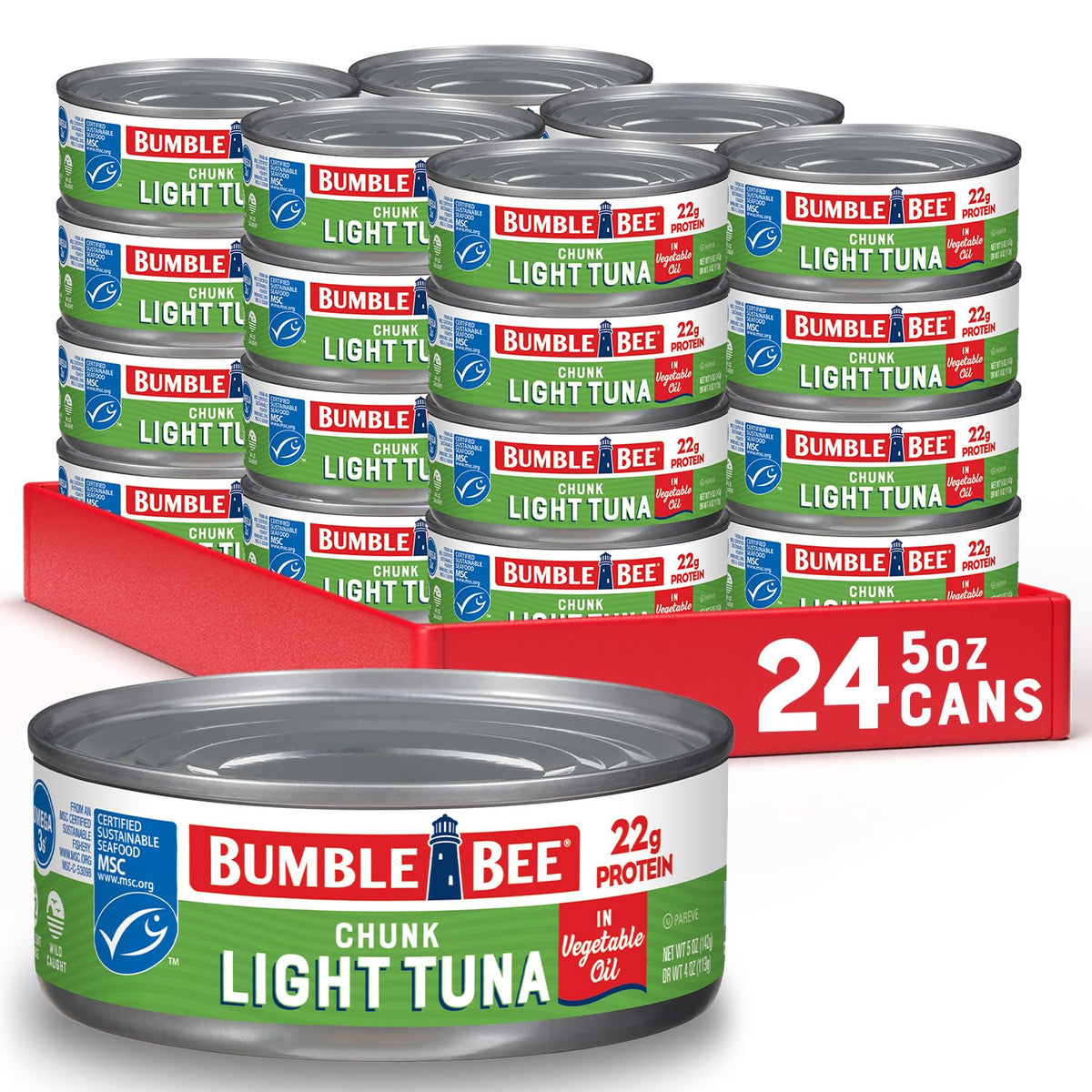 Bumble Bee chunk light tuna in oil can close-up showing chunky texture