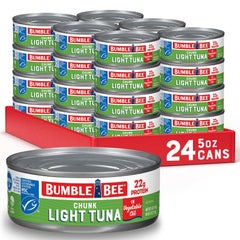 Bumble Bee chunk light tuna in oil can close-up showing chunky texture