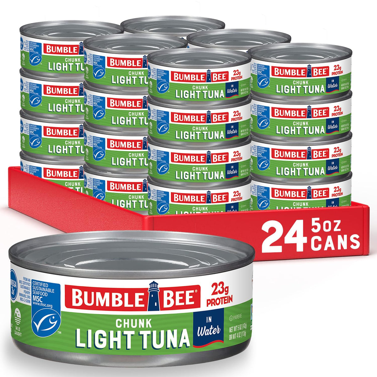 Bumble Bee Chunk Light Tuna in Water can label highlighting sustainability and quality