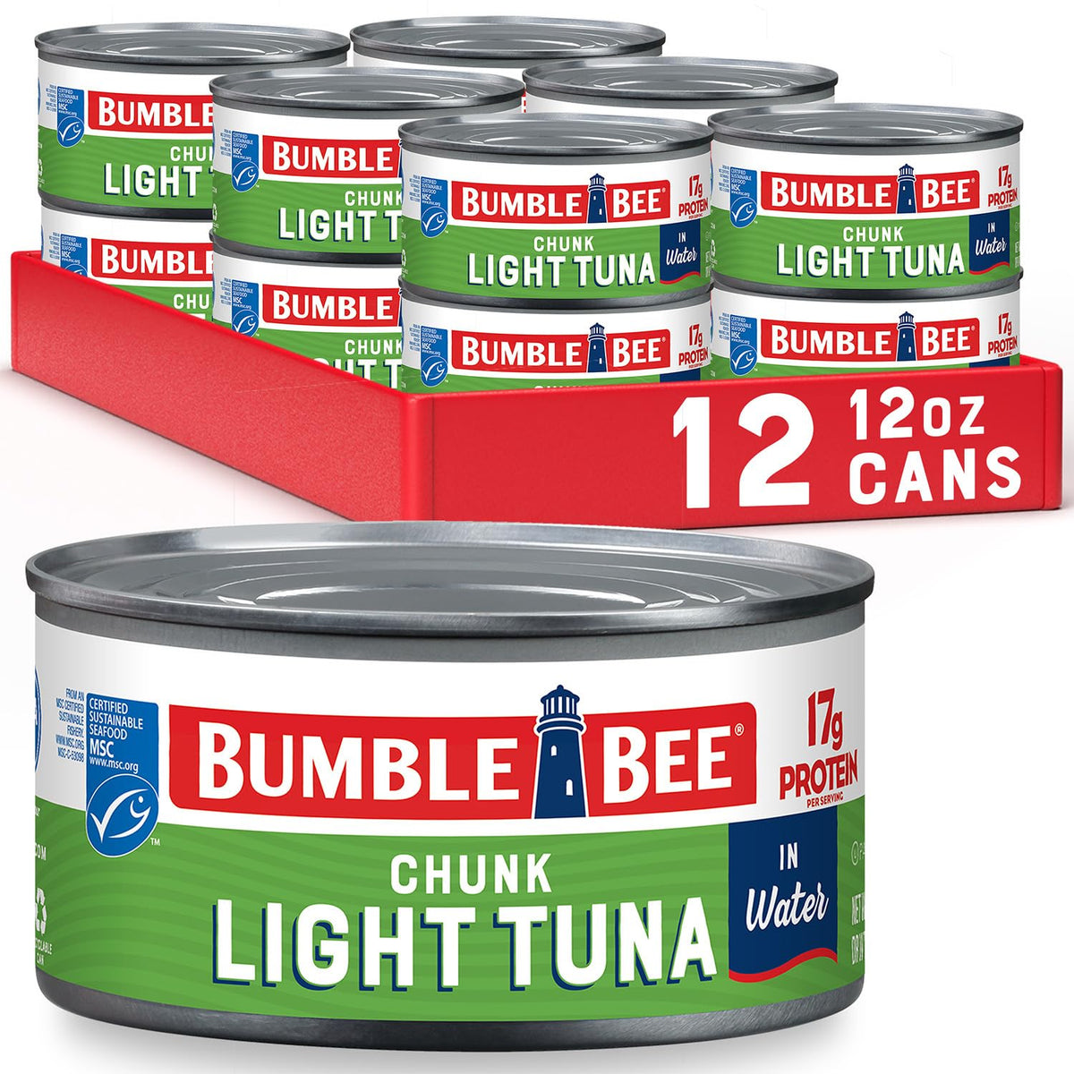 Bumble Bee Chunk Light Tuna in Water can label showcases quality and sustainability.