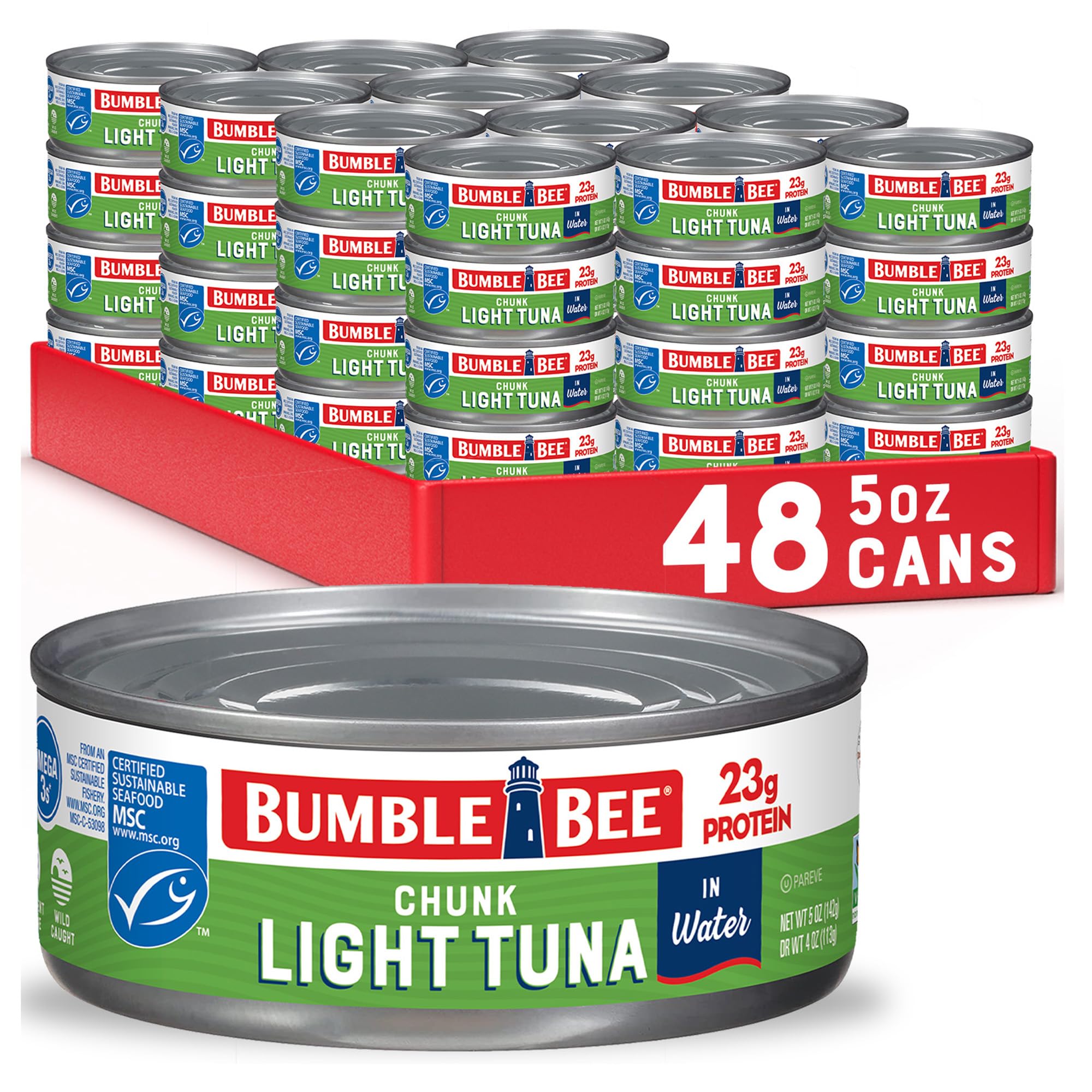 Bumble Bee Chunk Light Tuna in Water can showing flaky texture for salads
