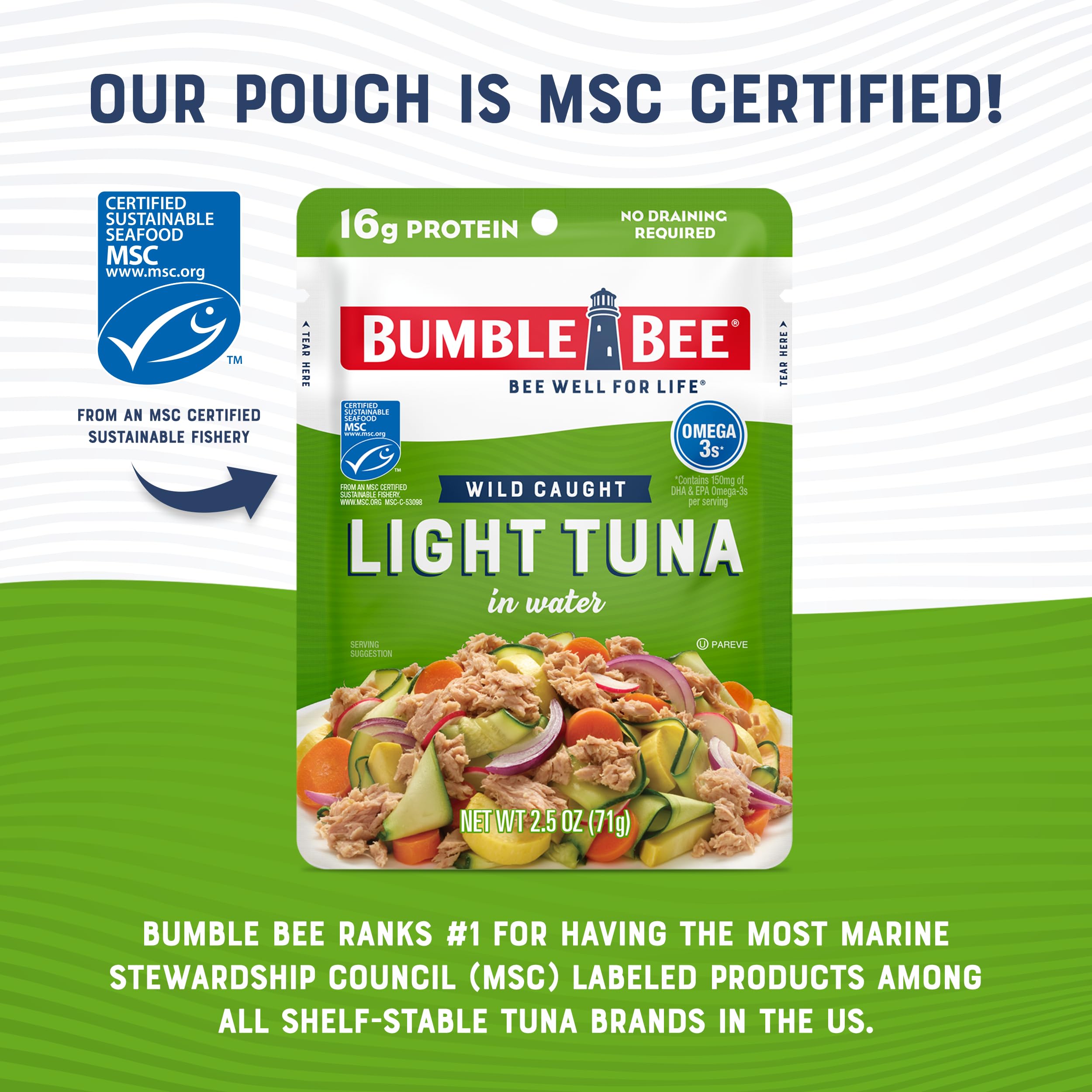 Bumble Bee tuna provides 16g protein per pouch for meals.