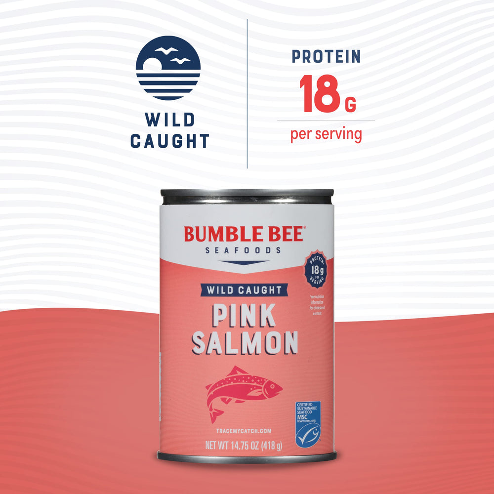 Bumble Bee pink salmon can label closeup: highlighting wild-caught quality.
