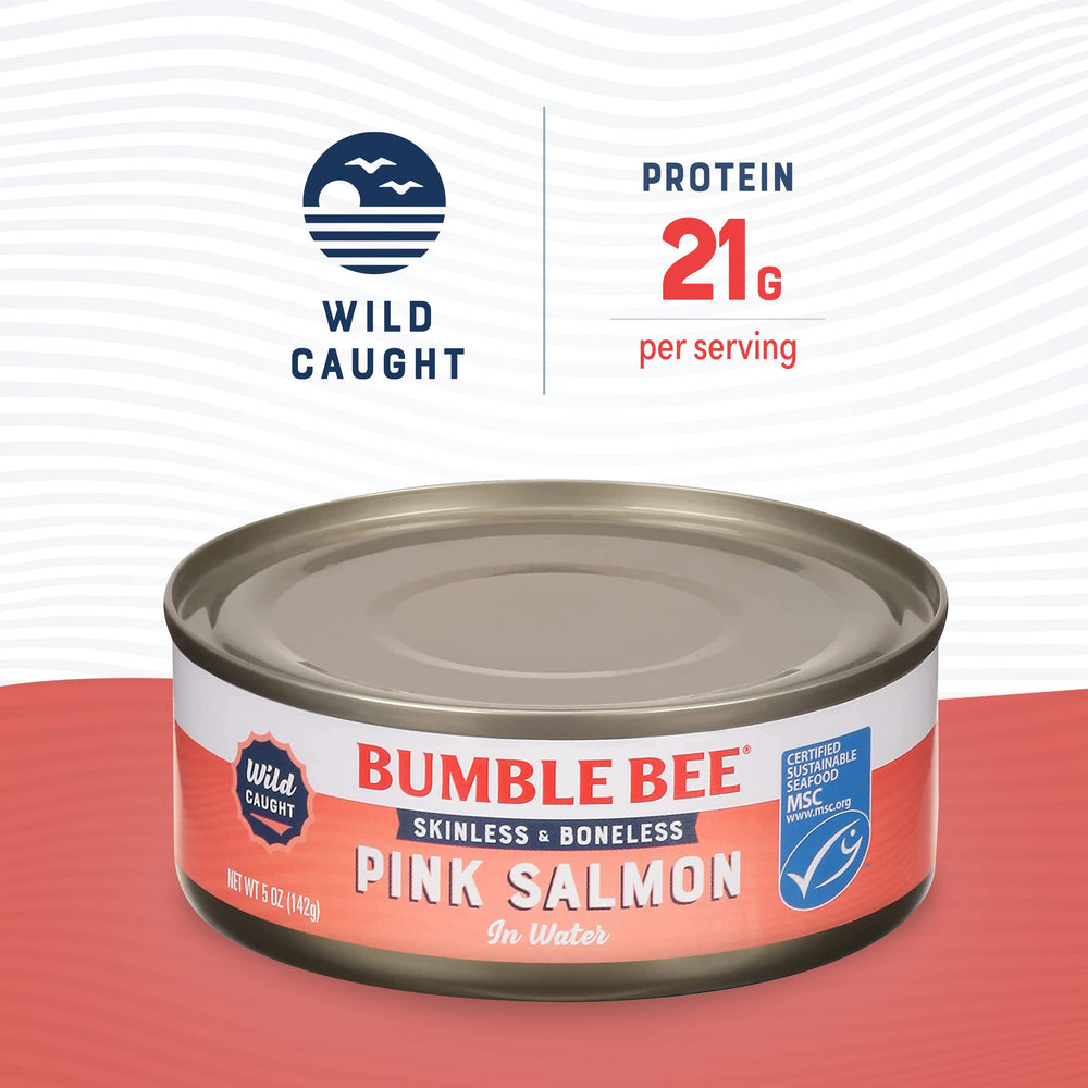 Bumble Bee pink salmon chunks closeup, showcasing firm texture for recipes.