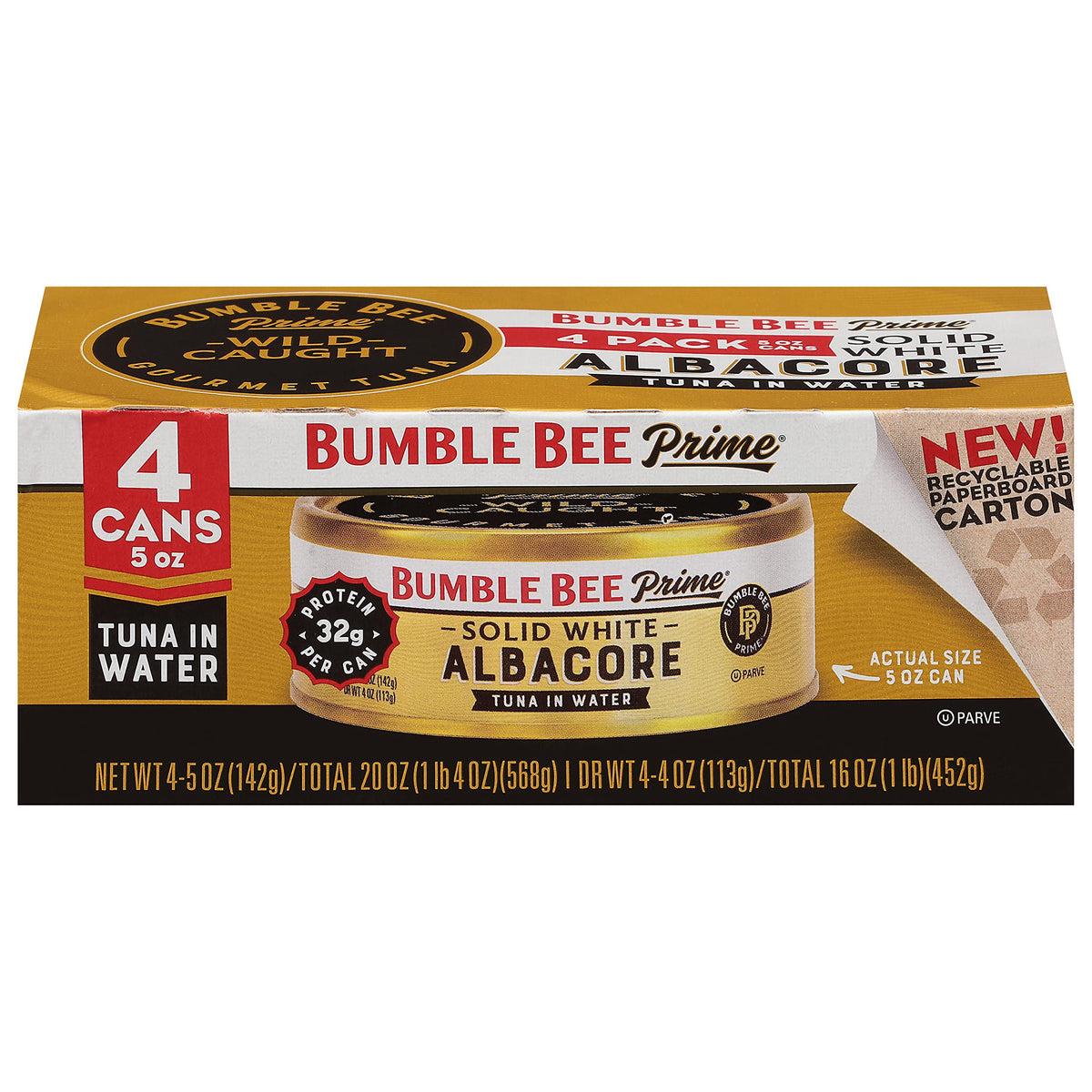 Bumble Bee Prime solid white albacore tuna in water four-pack cans in a pantry