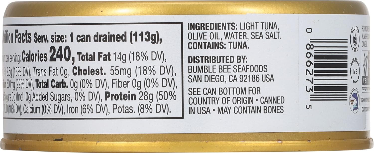 Bumble Bee Prime Tonno tuna flakes close-up, high-quality yellowfin texture.