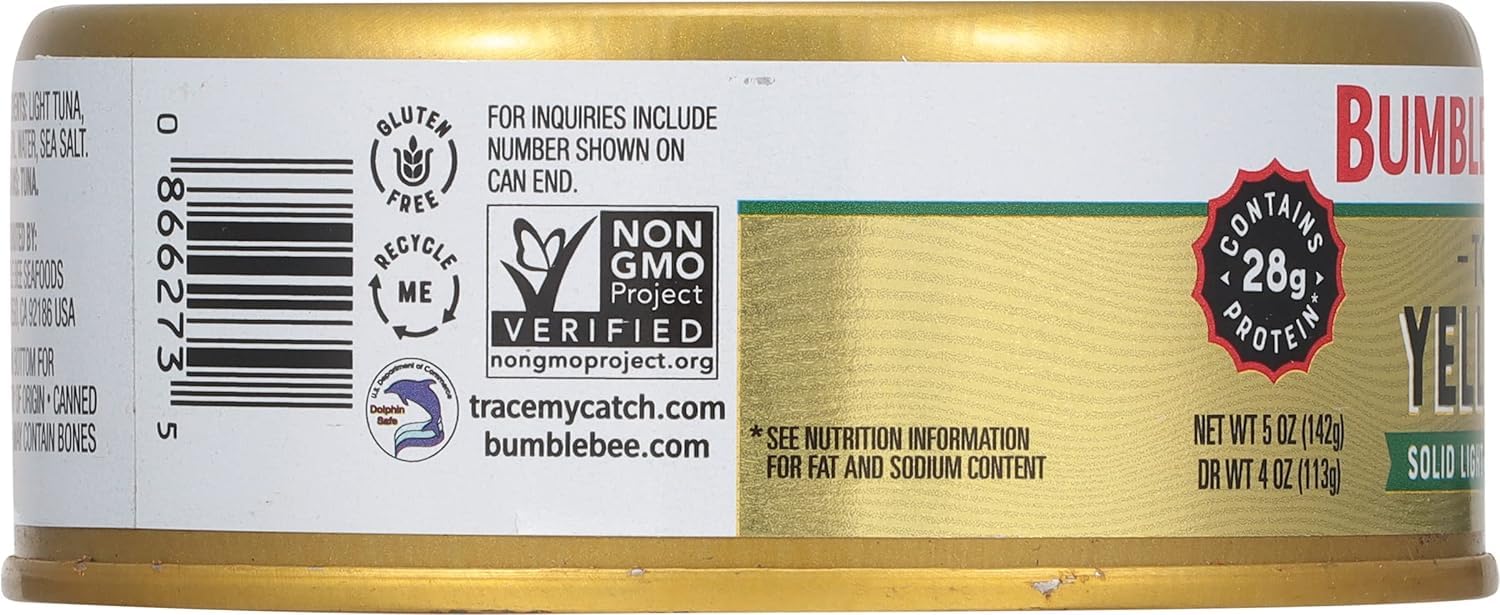 Bumble Bee Prime Tonno label close-up, non-GMO, kosher, gluten-free assurance.