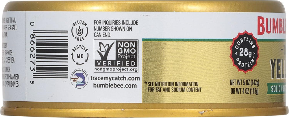 Bumble Bee Prime Tonno label close-up, non-GMO, kosher, gluten-free assurance.
