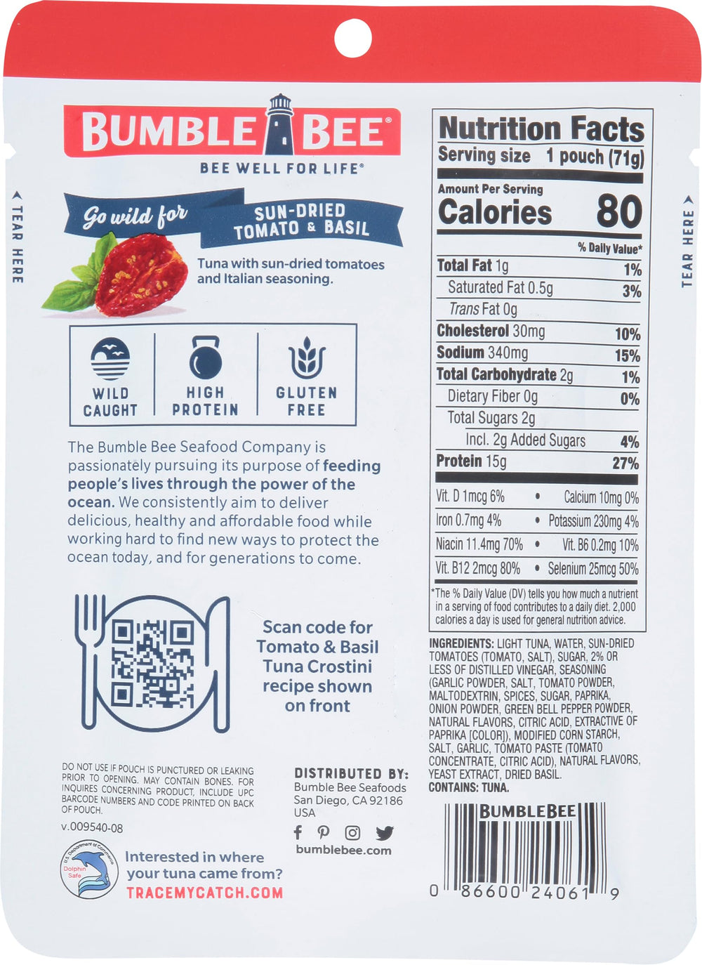 Bumble Bee ready-to-eat tuna pouch showing convenience and portability.