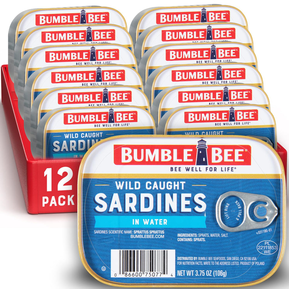 Bumble Bee Sardines in Water pack of 12 cans provides a convenient protein source.