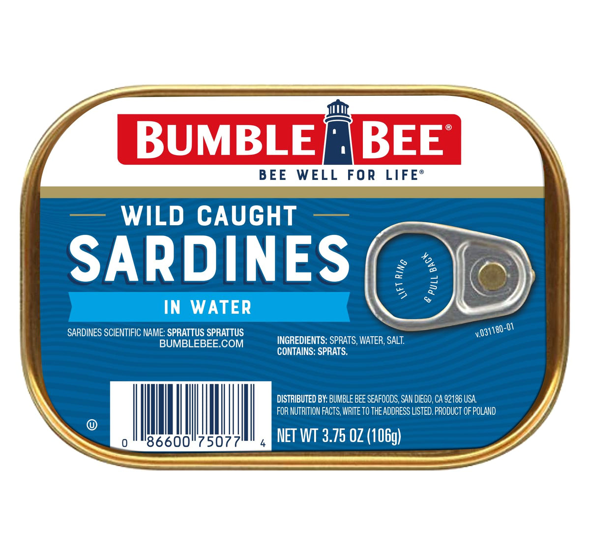 Bumble Bee Sardines in Water tin, protein-rich snack option.